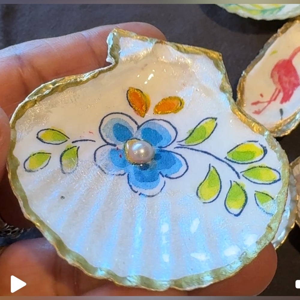 Decoupaged Floral Shell Fridge Magnet with Gold Trim